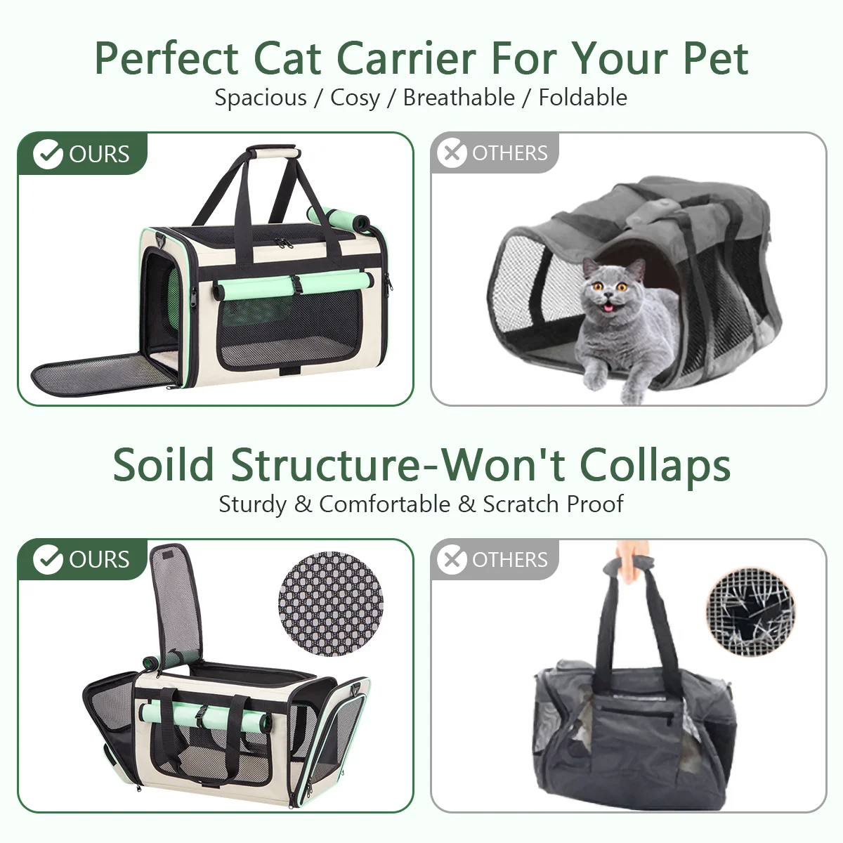 Green Collapsible Airline Approved Cat Carrier for Large Cats and Small Dogs, Soft-Sided Travel Carrier with Breathable Mesh Design