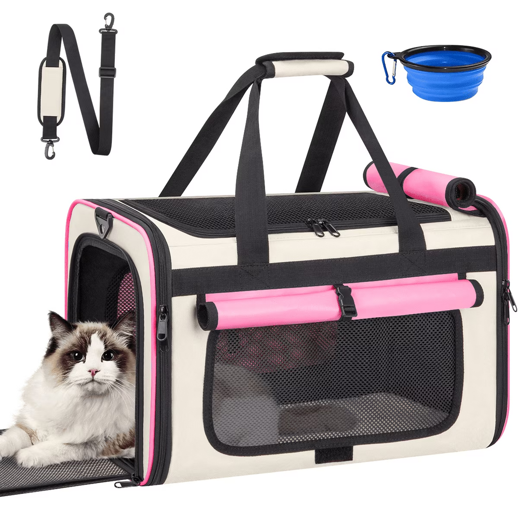 Pink Collapsible Airline Approved Cat Carrier for Large Cats and Small Dogs, Soft-Sided Travel Carrier with Breathable Mesh Panels