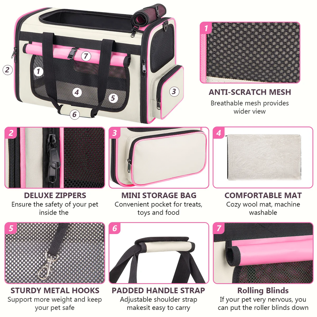 Pink Collapsible Airline Approved Cat Carrier for Large Cats and Small Dogs, Soft-Sided Travel Carrier with Breathable Mesh Panels