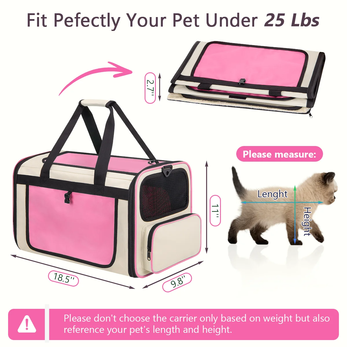 Pink Collapsible Airline Approved Cat Carrier for Large Cats and Small Dogs, Soft-Sided Travel Carrier with Breathable Mesh Panels