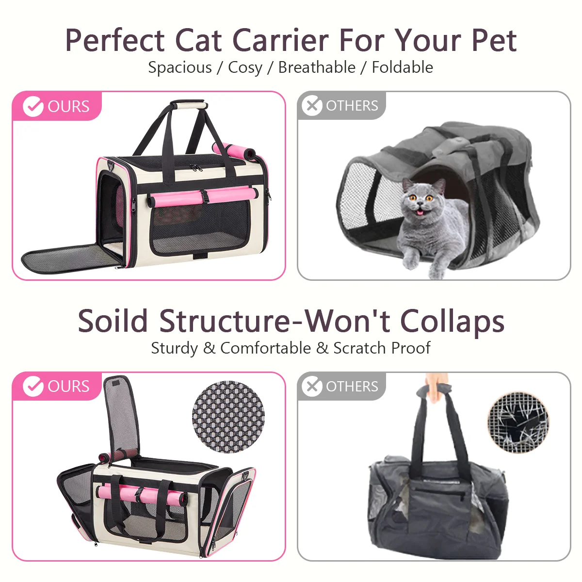 Pink Collapsible Airline Approved Cat Carrier for Large Cats and Small Dogs, Soft-Sided Travel Carrier with Breathable Mesh Panels