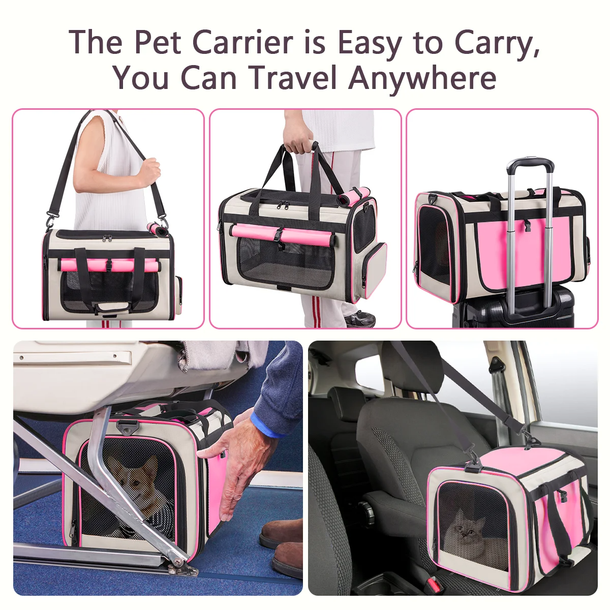 Pink Collapsible Airline Approved Cat Carrier for Large Cats and Small Dogs, Soft-Sided Travel Carrier with Breathable Mesh Panels
