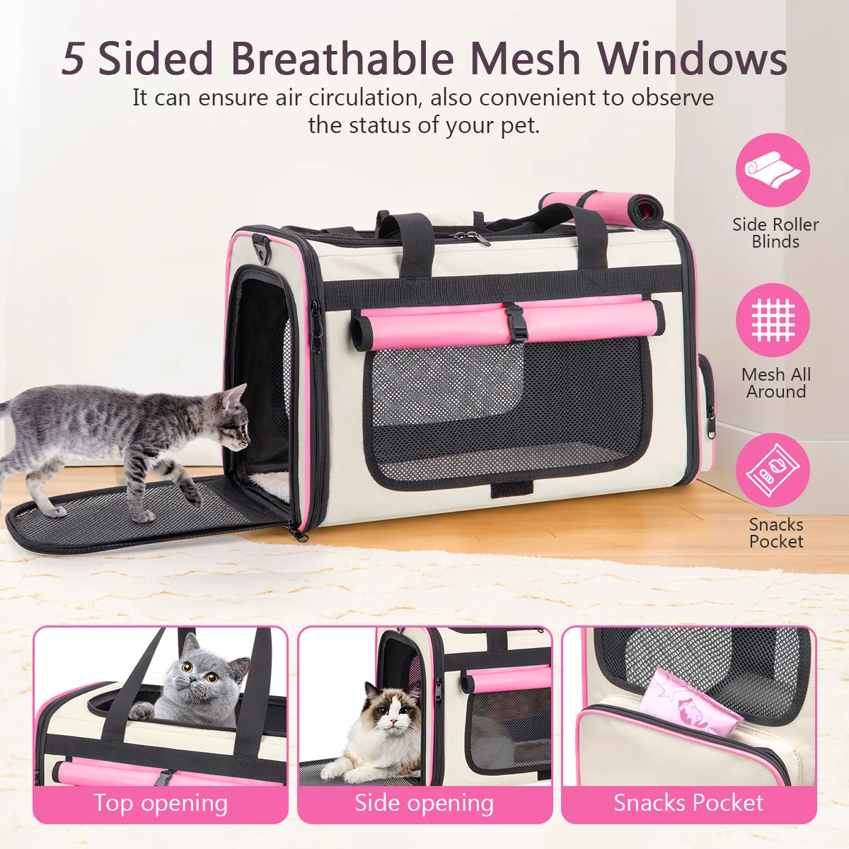 Pink Collapsible Airline Approved Cat Carrier for Large Cats and Small Dogs, Soft-Sided Travel Carrier with Breathable Mesh Panels