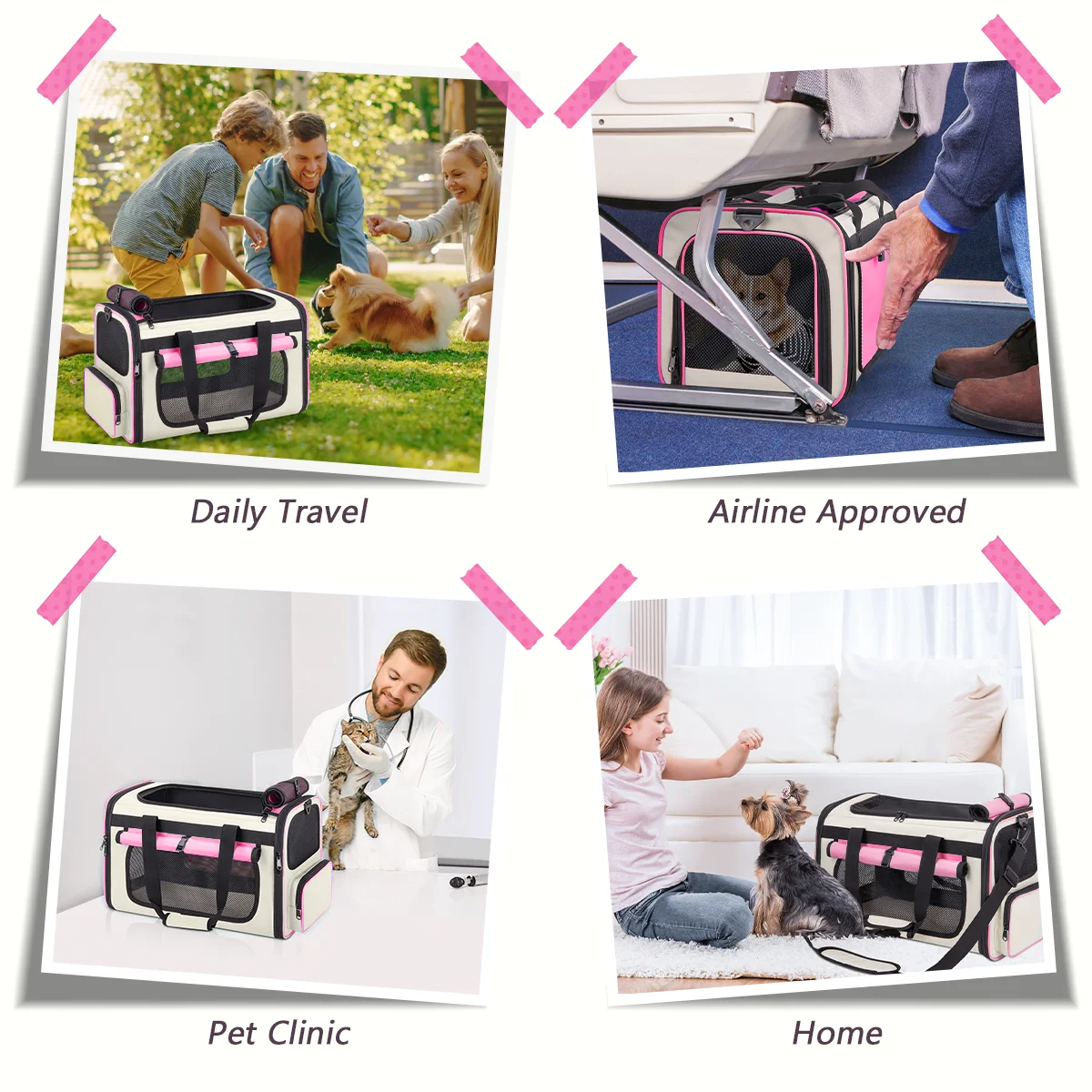 Pink Collapsible Airline Approved Cat Carrier for Large Cats and Small Dogs, Soft-Sided Travel Carrier with Breathable Mesh Panels