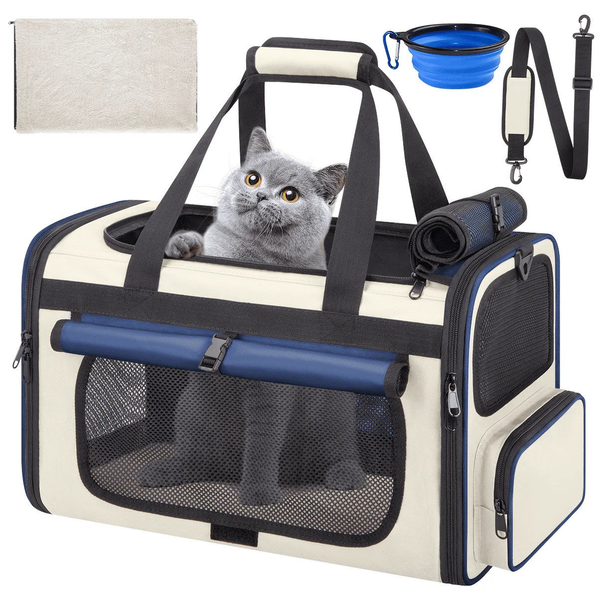 Blue Collapsible Airline Approved Cat Carrier for Large Cats and Small Dogs, Soft-Sided Travel Carrier with Breathable Mesh Design