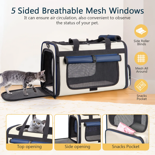 Blue Collapsible Airline Approved Cat Carrier for Large Cats and Small Dogs, Soft-Sided Travel Carrier with Breathable Mesh Design