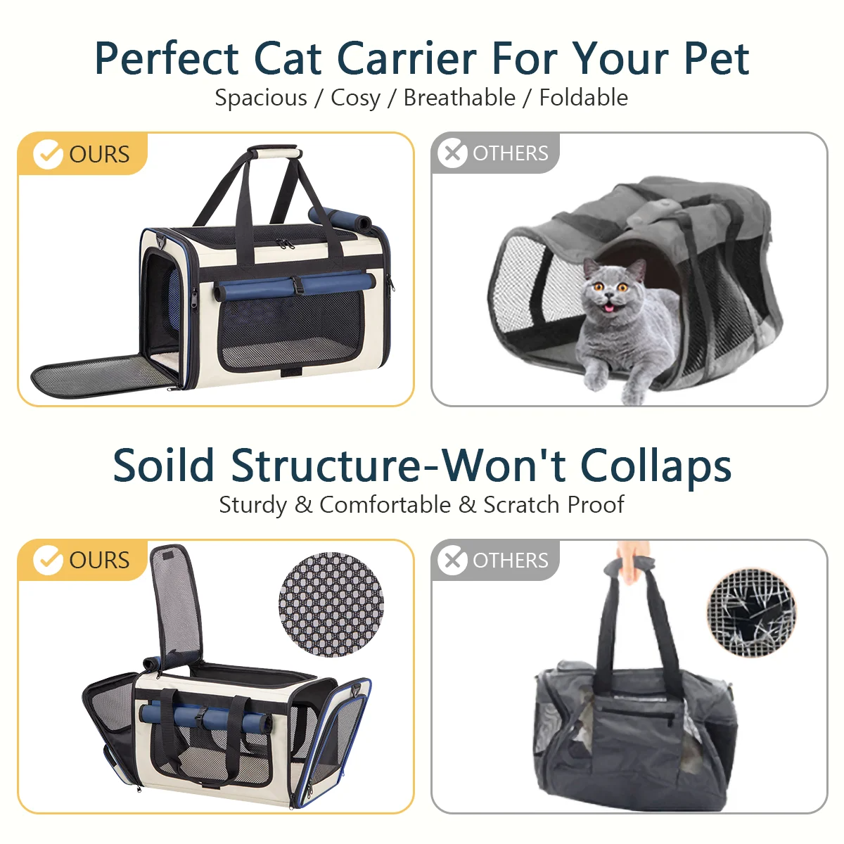 Blue Collapsible Airline Approved Cat Carrier for Large Cats and Small Dogs, Soft-Sided Travel Carrier with Breathable Mesh Design