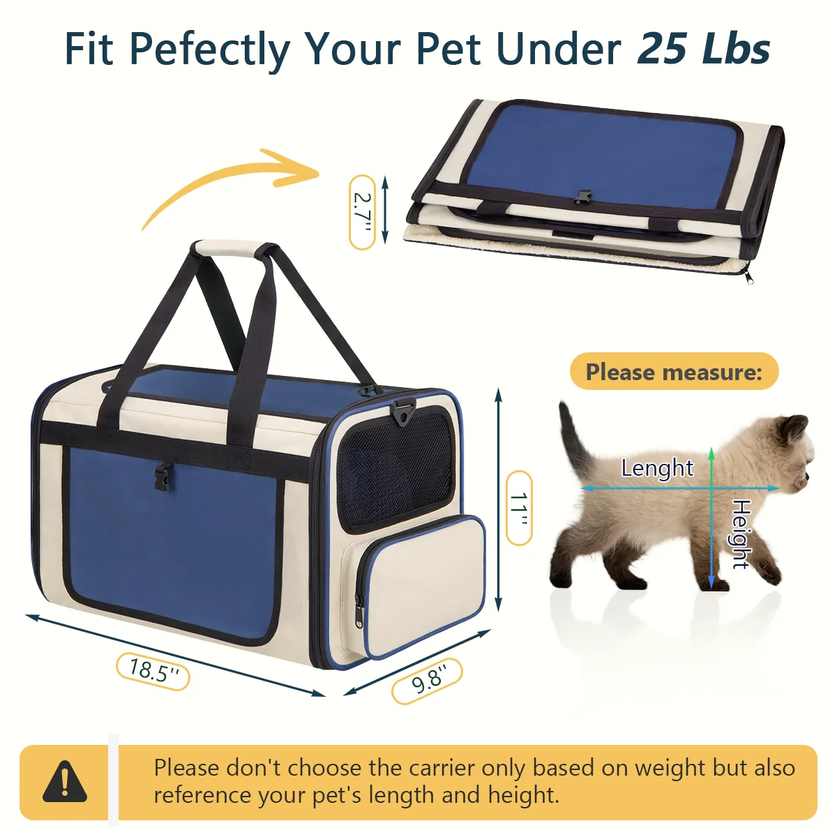 Blue Collapsible Airline Approved Cat Carrier for Large Cats and Small Dogs, Soft-Sided Travel Carrier with Breathable Mesh Design