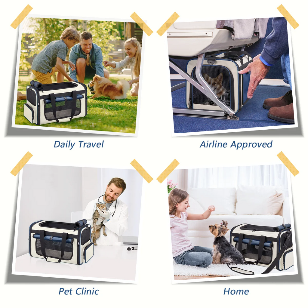 Blue Collapsible Airline Approved Cat Carrier for Large Cats and Small Dogs, Soft-Sided Travel Carrier with Breathable Mesh Design