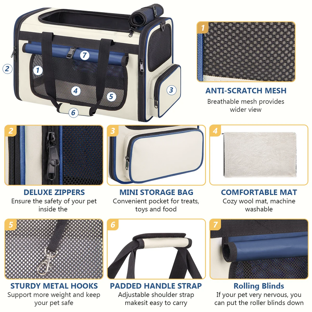 Blue Collapsible Airline Approved Cat Carrier for Large Cats and Small Dogs, Soft-Sided Travel Carrier with Breathable Mesh Design
