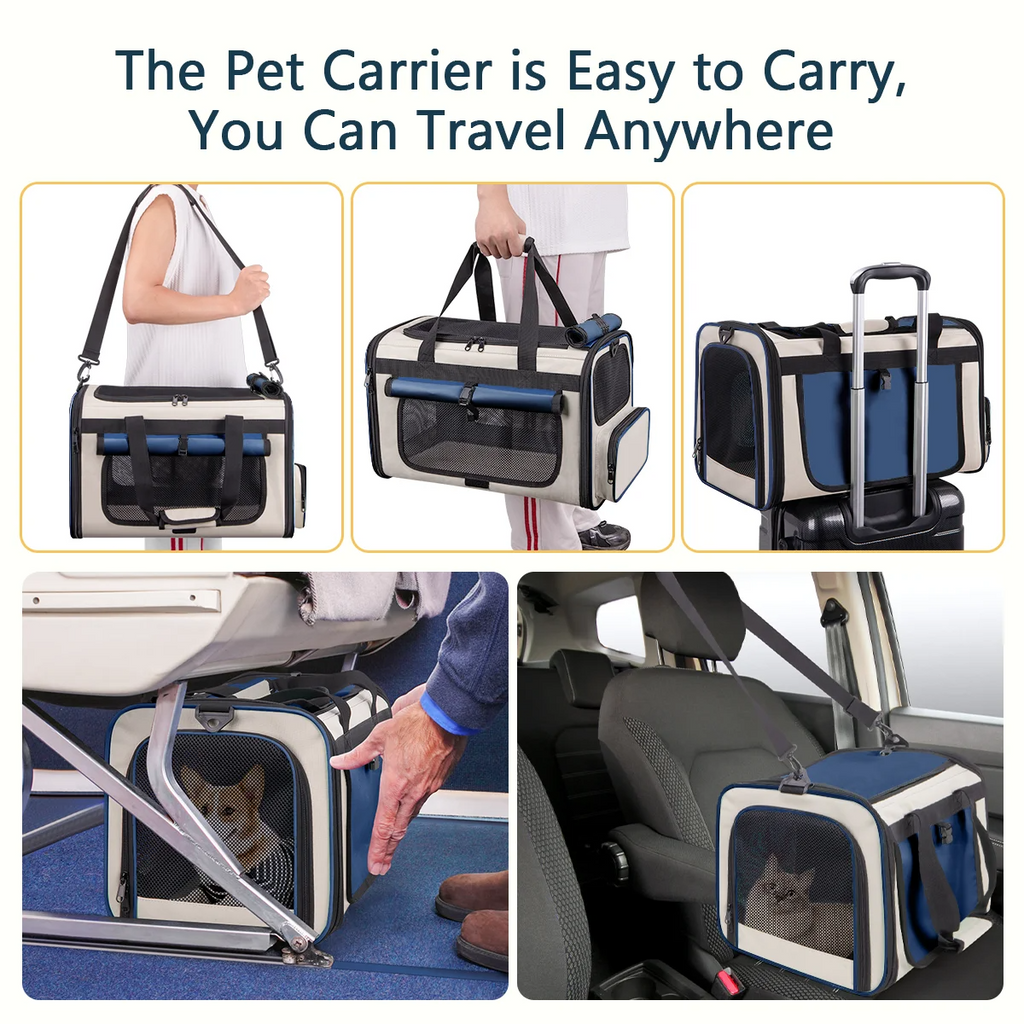 Blue Collapsible Airline Approved Cat Carrier for Large Cats and Small Dogs, Soft-Sided Travel Carrier with Breathable Mesh Design