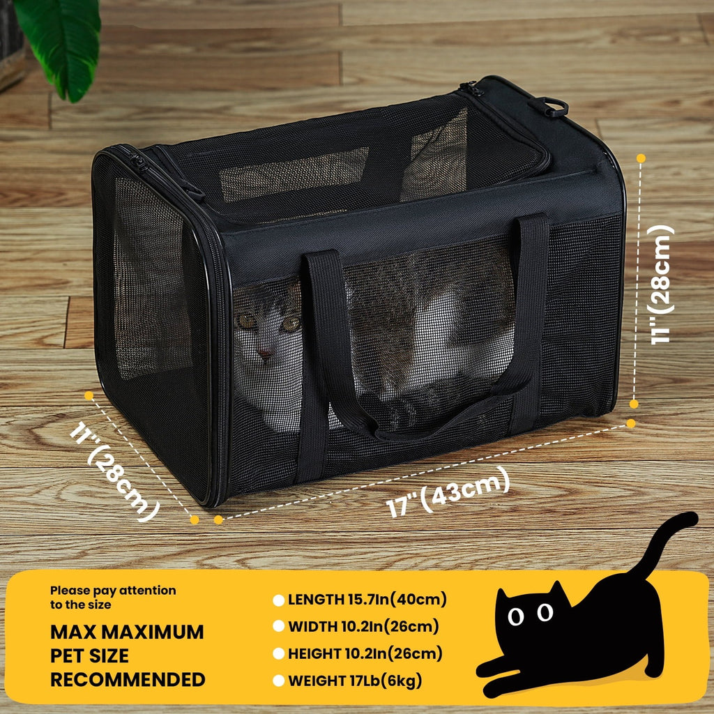 Black Airline Approved Soft-Sided Cat Carrier with 4-Sided Mesh, Collapsible Pet Travel Carrier for Cats and Small Dogs