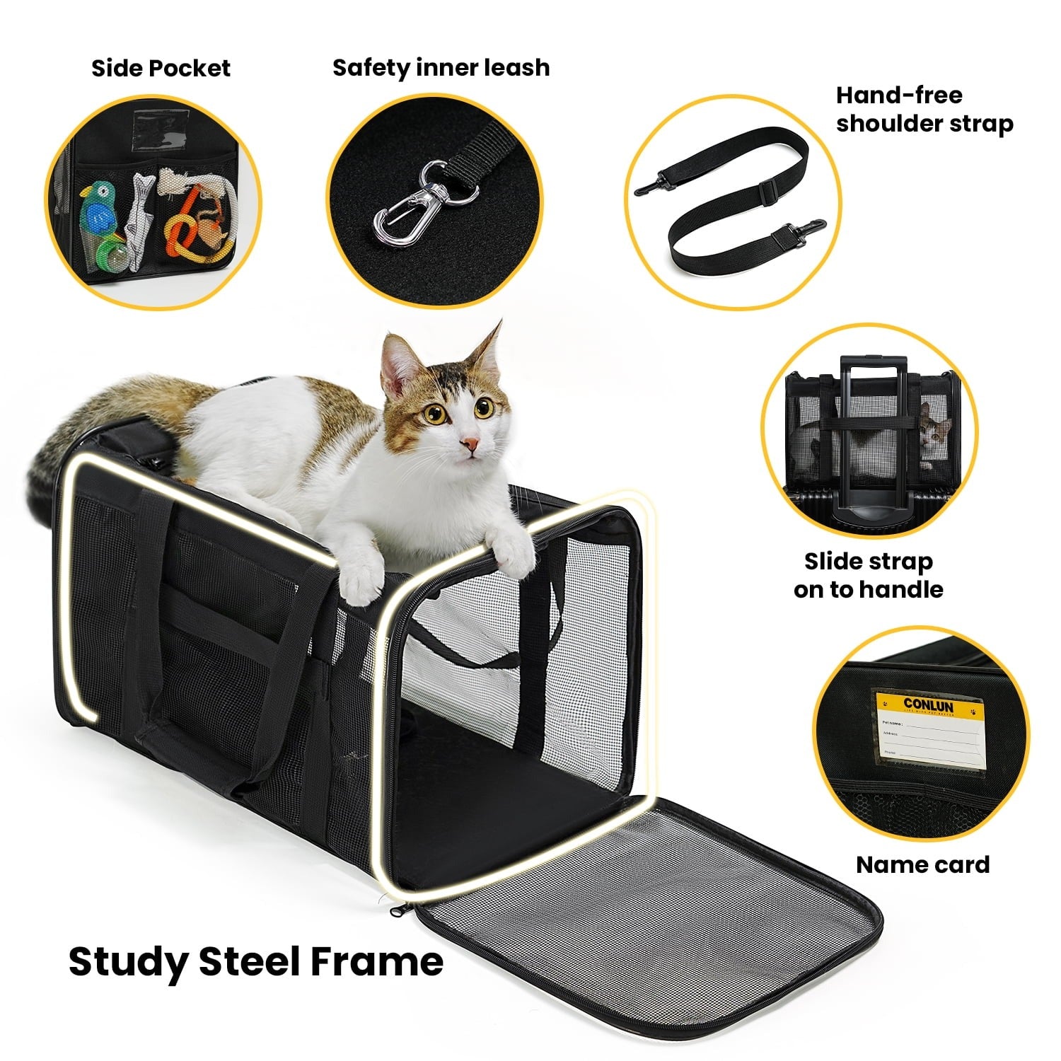 Black Airline Approved Soft-Sided Cat Carrier with 4-Sided Mesh, Collapsible Pet Travel Carrier for Cats and Small Dogs