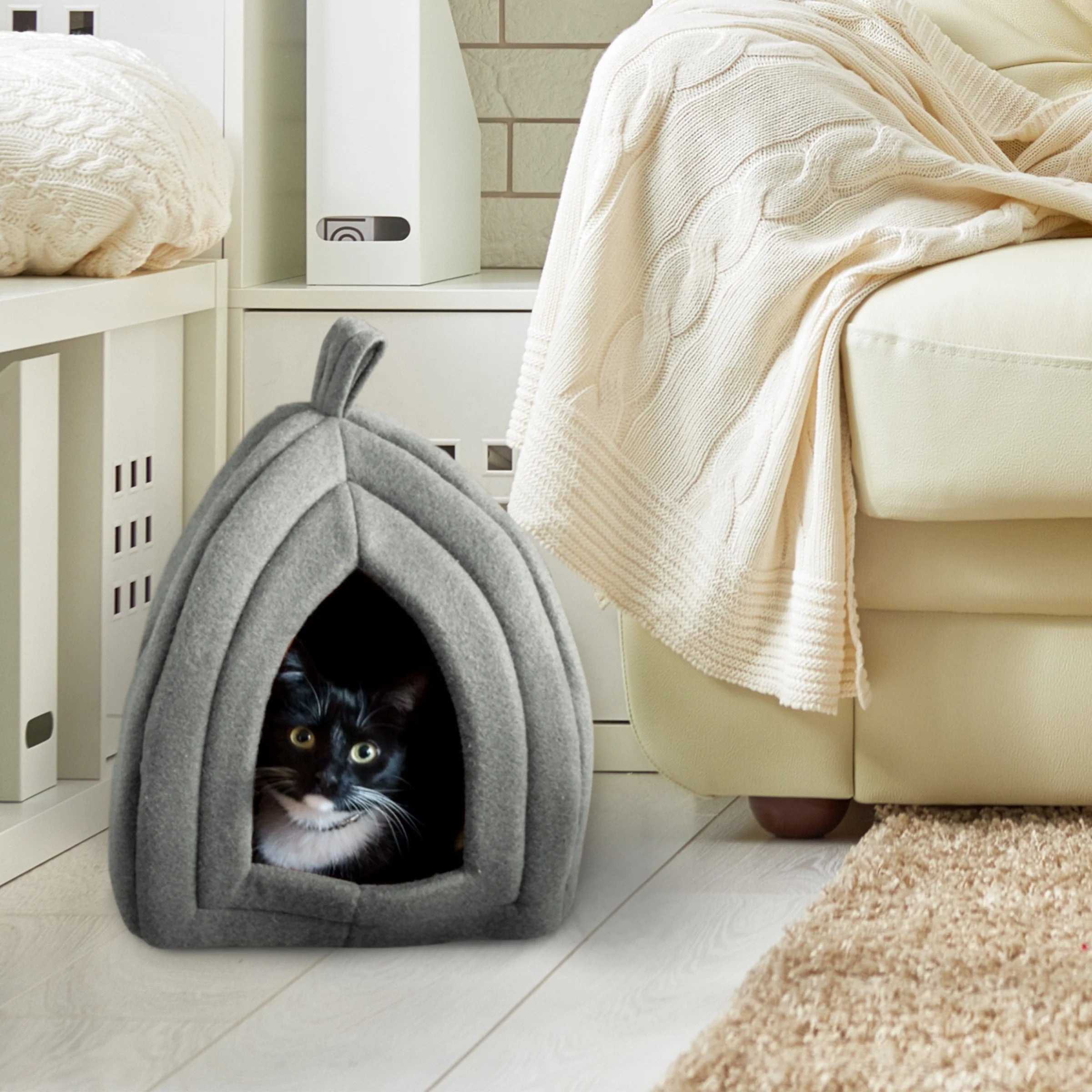 Gray Small Animal Cat House for Rabbits, Guinea Pigs, and Other Small Pets, Plush Indoor Pet Hideout Bed