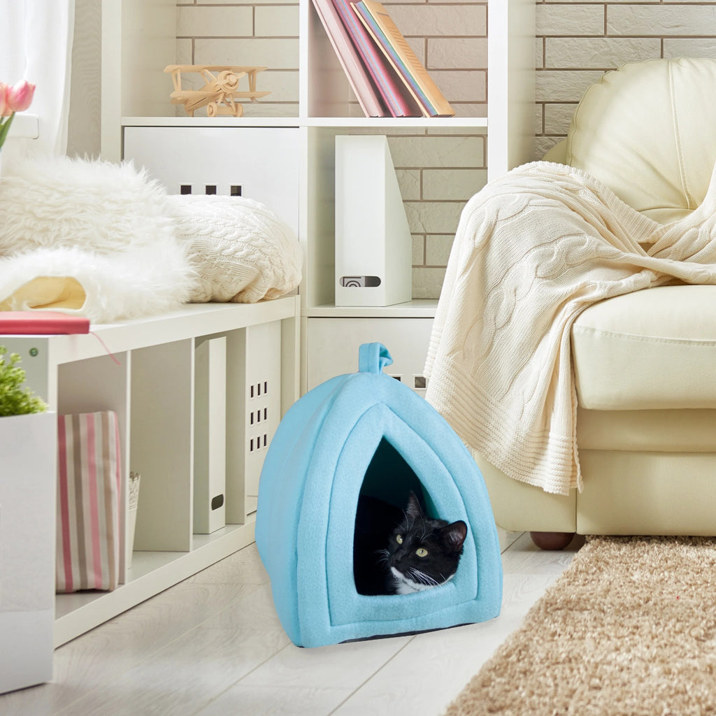 Blue Plush Cat House for Kittens, Rabbits, and Small Animals, Indoor Cozy Hideout Bed for Cats and Small Pets